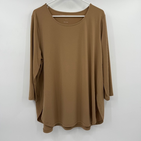 Susan Graver Top Women XL Beige 3/4 Sleeves Liquid Knit Stretch Round Neck - Picture 1 of 10